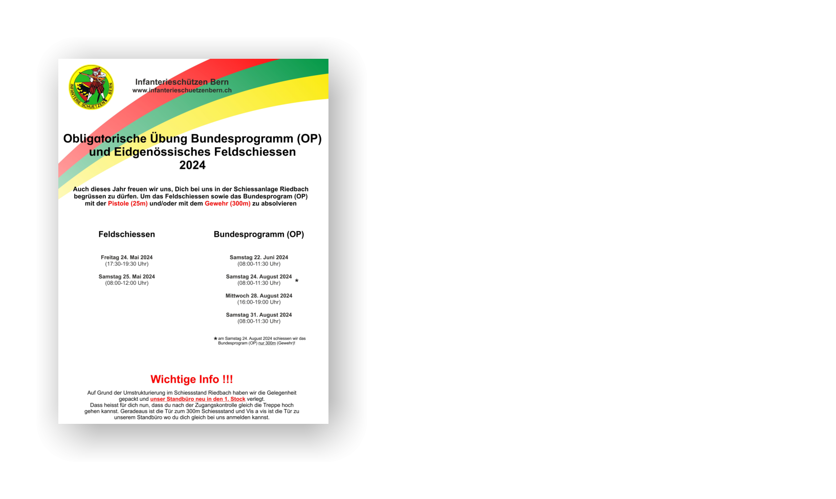 Auch dieses Jahr, ist unser Flyer da.  Somit sind unsere Schiessdaten fürs Obligatorische Bundesprogram und das Eidgenössische Feldschiessen für alle einfach und übersichtlich zusammentragen auch in Papierform.Wenn du noch keinen eigenen hast, steht er dir hier natürlich zum Download bereit. Damit auch du ihn an deinen Kühlschrank oder deine Pinnwand anheften kannst, um kein wichtigen Schiesstermin zu verpassen.    Februar 2024   Der Flyer 2024 ist da!